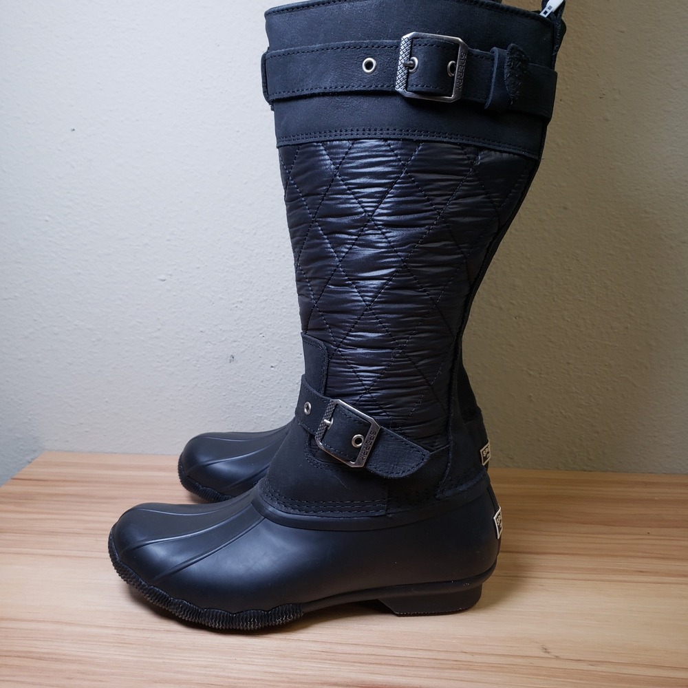 Sperry Women's Size 6 Saltwater Tall Nylon Duck Boots‎ Black Quilted Cottagecore